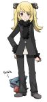  1girl blonde_hair child commentary gible hair_ornament hand_on_hip holding holding_poke_ball open_mouth parody poke_ball pokemon pokemon_(creature) pokemon_(game) pokemon_dppt shirona_(pokemon) smile style_parody sugimori_ken_(style) twintails weee_(raemz) yellow_eyes young 