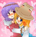  blue_eyes blush eromame eyes hat lowres moriya_suwako purple_hair pyonta red_eyes short_hair touhou translated translation_request yasaka_kanako you_gonna_get_raped yuri 