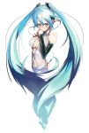  aqua_eyes aqua_hair bare_shoulders blush breasts cleavage detached_sleeves elbow_gloves fingerless_gloves frown gloves hatsune_miku kasuga_ayumu_(artist) large_breasts long_hair looking_at_viewer navel simple_background solo twintails very_long_hair vocaloid vocaloid_append 