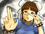  alternate_hairstyle bracelet breasts brown_eyes brown_hair bun_cover capcom chinese_clothes chun-li chun-li_(cosplay) cosplay double_bun glasses idolmaster jewelry large_breasts maidon solo spiked_bracelet spikes street_fighter 