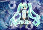  barefoot blue_eyes bridal_gauntlets frills green_hair hatsune_miku hatsune_miku_(append) highres kneeling long_hair miku_append navel necktie smile solo thigh-highs thighhighs twintails very_long_hair vocaloid vocaloid_append yayoi_(egoistic_realism) 