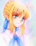  amaoto blonde_hair bow braid fate/stay_night fate_(series) green_eyes hair_bow hair_ribbon necktie payot ribbon saber sketch smile solo traditional_media watercolor_pencil_(medium) 