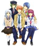  blazer blue_hair bronne closed_eyes green_hair hairband hat hinata_(angel_beats!) long_hair naoi_ayato orange_hair otonashi_(angel_beats!) purple_hair school_uniform serafuku short_hair smile tachibana_kanade thigh-highs thighhighs yellow_eyes yuri_(angel_beats!) 