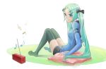  aqua_hair hair_ornament hair_ribbon hairpin hatsune_miku momopanda pillow radio ribbon sitting solo thigh-highs thighhighs twintails vocaloid 