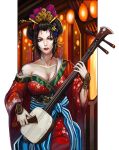  breasts brown_eyes brown_hair cleavage geisha hair_ornament instrument japanese_clothes kimono mole oiran original plectrum ryouki_tamashii setsuka shamisen short_hair soulcalibur 