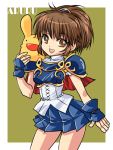  1girl arai_kuma arle_nadja armor armored_dress brown_eyes brown_hair capelet carbuncle_(puyopuyo) character_name creature fingerless_gloves gloves green_background lowres puyopuyo short_hair skirt smile 