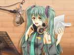  ag1eam ahoge bad_id detached_sleeves green_eyes green_hair hand_on_headphones hatsune_miku headphones headphones_around_neck long_hair microphone necktie open_mouth recording_studio sheet_music smile solo studio_microphone twintails vocaloid 