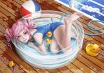  barefoot blue_eyes drill_hair feet grin highres pi_(pppppchang) pink_hair pool rubber_duck smile solo swimsuit teeth wading_pool water 