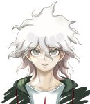  1boy closed_mouth collarbone danganronpa_(series) danganronpa_2:_goodbye_despair green_eyes green_jacket grey_hair grey_shirt hair_between_eyes highres hood hood_down hooded_jacket jacket komaeda_nagito male_focus medium_hair messy_hair print_shirt shirt smile solo user_kzwm4575 white_background white_hair 