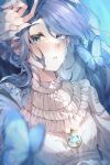  1girl absurdres blue_butterfly blue_eyes blue_hair blush brooch bug butterfly chest_jewel gem hand_up highres jewelry lies_of_p looking_at_viewer monthly_snow shirt single_tear solo solo_focus sophia_monad_(lies_of_p) teardrop tears victorian white_shirt 