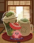  blue_eyes blush_stickers food food_focus frappuccino highres holding holding_umbrella indoors kirby kirby_(series) looking_at_viewer matcha_(food) miclot no_humans pillow pink_footwear shoes shouji sitting sliding_doors smile starbucks tatami tray umbrella 