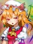  1girl ascot blonde_hair bow breasts collared_shirt crystal fang flandre_scarlet frilled_shirt_collar frilled_sleeves frills green_background hat hat_ribbon looking_down medium_hair mob_cap multicolored_background multicolored_wings one_side_up open_mouth orange_background pointy_ears puffy_short_sleeves puffy_sleeves red_bow red_eyes red_ribbon red_vest ribbon shirt short_sleeves sleeve_bow small_breasts solo touhou upper_body utagi_0216 v-shaped_eyebrows vest white_headwear white_shirt wings yellow_ascot 