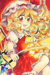  1girl ascot blonde_hair crystal_wings feet_out_of_frame flandre_scarlet frilled_skirt frilled_sleeves frills hat hat_ribbon highres laevatein_(touhou) maa_(forsythia1729) mob_cap open_mouth puffy_short_sleeves puffy_sleeves red_eyes red_ribbon red_skirt red_vest ribbon shirt short_sleeves skirt skirt_set touhou vest white_shirt wrist_cuffs yellow_ascot 