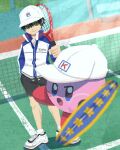  1boy baseball_cap black_shorts blue_eyes blue_jacket blush_stickers closed_mouth crossover echizen_ryooma green_eyes hand_up hat highres holding_tennis_racket jacket kirby kirby_(series) looking_at_viewer miclot open_mouth pink_footwear racket shoes shorts smile sneakers socks standing tennis_court tennis_net tennis_no_ouji-sama tennis_racket white_footwear white_headwear white_socks 