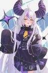  1girl ahoge ascot black_horns braid braided_bangs chain collar grey_hair highres hololive horns la+_darknesss la+_darknesss_(1st_costume) long_hair metal_collar midorikawa_(tawf5452) multicolored_hair open_mouth pointy_ears purple_hair sleeves_past_fingers sleeves_past_wrists streaked_hair striped_horns virtual_youtuber yellow_ascot yellow_eyes 