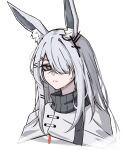  1girl animal_ear_fluff animal_ears arknights coat ear_ornament frostnova_(arknights) grey_eyes grey_hair hair_ornament hair_over_one_eye hairclip highres long_hair looking_at_viewer one_eye_covered petra_(jgc845601) portrait rabbit_ears rabbit_girl scar scar_on_face scar_on_nose simple_background solo white_background white_coat 