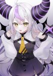  1girl absurdres ahoge ascot belt black_horns braid braided_bangs chain detached_sleeves fangs grey_hair hands_on_own_hips highres hololive horns la+_darknesss la+_darknesss_(1st_costume) long_hair looking_at_viewer multicolored_hair o-ring o-ring_belt open_mouth pointy_ears purple_hair smile solo streaked_hair striped_horns virtual_youtuber wako_morino yellow_ascot 