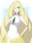  1girl bare_arms bare_shoulders blonde_hair breasts chest_jewel collarbone diamond_(shape) dress gem green_eyes green_gemstone hair_over_one_eye hand_on_own_hip highres long_hair lusamine_(pokemon) mature_female pokemon pokemon_(game) pokemon_sm shifatur17 short_dress sleeveless sleeveless_dress small_breasts solo very_long_hair 