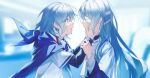  2girls absurdres aqua_hair bandages bandages_over_eyes bang_dream! blue_cape blurry blurry_background braid cape green_eyes hands_on_another&#039;s_face highres hikawa_hina hikawa_sayo imminent_kiss incest long_hair looking_at_another medium_hair multiple_girls shirt siblings sisters twincest twins walluka white_shirt yuri 