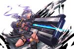  1girl aiming aiming_at_viewer arknights black_gloves black_thighhighs commentary dark-skinned_female dark_skin energy_gun facial_mark fingerless_gloves forehead_mark gloves grey_hair grey_jacket gun highres jacket long_hair melanite_(arknights) metallightheart parted_bangs simple_background single_glove single_thighhigh solo squatting thigh-highs thigh_strap weapon white_background 