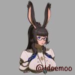  1girl animal_ears black_hair blue_eyes breasts commentary commissioner_name cropped_torso crystal english_commentary final_fantasy final_fantasy_xiv glasses grey_background highres jewelry koffo-art large_breasts long_hair necklace pendant ponytail portrait rabbit_ears semi-rimless_eyewear solo twitter_username under-rim_eyewear viera warrior_of_light_(ff14) 
