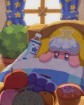  apple bag bed blue_eyes blush bottle bowl cantaloupe curtains fever food fruit grapes highres ice ice_cube kirby kirby_(series) looking_at_viewer miclot no_humans peach plant potted_plant under_covers window 