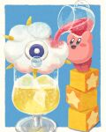  block_(object) clouds crying cup food_focus foodification highres holding_jug ice ice_cube kirby kirby_(series) kirby_cafe kracko miclot no_humans open_mouth pink_footwear shoes smile standing tiptoes 