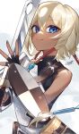  1girl armor belt blonde_hair blue_eyes buckler dark_skin hair_tubes highres holding holding_sword holding_weapon long_hair sekaiju_no_meikyuu sheath shield shiroraba sidelocks simple_background sleeveless smile sword weapon white_background 