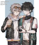  2boys :t aqua_eyes artist_name black-framed_eyewear black_hair black_jacket black_pants blue_background bracelet brown-tinted_eyewear bubble_tea caelus_(honkai:_star_rail) camera collared_shirt cowboy_shot cup dan_heng_(honkai:_star_rail) earrings glasses grey_hair hair_between_eyes hand_on_another&#039;s_shoulder hand_rest hand_up holding holding_camera holding_cup honkai:_star_rail honkai_(series) hood hood_down hoodie jacket jewelry layered_sleeves long_sleeves looking_at_another male_focus multiple_boys necklace open_clothes open_jacket pants parted_lips pillarboxed pocket shirt short_hair short_sleeves sunglasses synziac tinted_eyewear trailblazer_(honkai:_star_rail) white_hoodie wristband yellow_eyes 