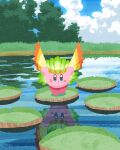  blue_eyes clouds copy_ability facepaint feathers green_feathers highres kirby kirby_(series) lake lily_pad miclot no_humans open_mouth outdoors pink_footwear reflection reflective_water scenery shoes sky standing tree water wing_kirby wings 