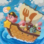  blue_eyes blush_stickers cake clouds cookie dango food food_focus fruit hat highres holding holding_food ice_cream invincible_candy kirby kirby_(series) miclot no_humans open_mouth pink_footwear pirate_hat pudding sanshoku_dango ship shoes sky star_(symbol) strawberry strawberry_shortcake wagashi water watercraft 