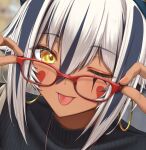  1girl bespectacled blue_hair casual dark-skinned_female dark_skin earrings facial_mark fate/grand_order fate_(series) fingernails glasses hoop_earrings jewelry multicolored_hair nitocris_alter_(fate) one_eye_closed particle_sfs ribbed_shirt shirt streaked_hair tongue tongue_out white_hair yellow_eyes 
