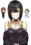  3girls aketa_mikoto alternate_hairstyle black_choker black_hair black_jacket blonde_hair blush breasts chibi chibi_inset choker clenched_teeth crop_top highres idolmaster idolmaster_shiny_colors ikaruga_luca jacket jewelry looking_at_viewer low_twintails medium_hair multicolored_hair multiple_girls nanakusa_nichika necklace off_shoulder simple_background small_breasts teeth tsurui twintails two-tone_hair upper_body white_background yellow_eyes 