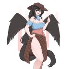  1girl bare_shoulders black_hair black_wings cowboy_hat feathered_wings hat highres horse_girl horse_tail kurokoma_saki looking_at_viewer mata_(matasoup) multicolored_clothes off-shoulder_shirt off_shoulder overskirt red_eyes shirt smile solo tail thighs thumbs_up touhou wings 