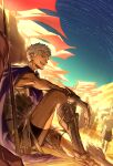  absurdres armor army blue_cape cape commission desert fate/grand_order fate_(series) flag grey_hair helmet highres laughing male_focus metal_boots natupath_summer pixiv_commission ptolemy_(fate) sitting sky star_(sky) starry_sky 