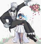 ! 1boy 1girl absurdres black_footwear black_necktie blue_hair bouquet carrying closed_mouth dress english_commentary fiery_hair full_body grey_hair height_difference hetero highres holding holding_bouquet husband_and_wife juneplums lanz_(xenoblade) marriage medium_dress necktie princess_carry sena_(xenoblade) size_difference smile tuxedo wedding wedding_dress white_dress white_hair xenoblade_chronicles_(series) xenoblade_chronicles_3