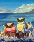  blush_stickers clouds grin highres kirby kirby_(series) miclot no_humans ocean open_mouth outdoors pink_footwear pokemon pokemon_(creature) rock shoes smile sparkle squirtle squirtle_squad standing sunglasses triangular_eyewear turtle water 