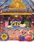 blue_eyes blush_stickers christmas christmas_tree earmuffs gears gift gloves hat highres holding holding_gift kirby kirby_(series) magolor miclot no_humans open_mouth outdoors pink_footwear santa_hat shelf shoes shop smile snow white_gloves winter yellow_eyes