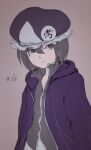  androgynous bad_id bad_twitter_id brown_background closed_mouth coat commentary_request dated frilled_hat frills grey_eyes grey_hair grey_shirt hat hood hood_down hooded_coat len&#039;en long_sleeves nasubi_(ajsswofbck8) open_clothes open_coat other_focus purple_coat purple_headwear shirt shitodo_kuroji short_hair simple_background sketch solo upper_body 