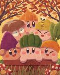  autumn autumn_leaves basket blue_eyes blush_stickers carrot chestnut food highres kirby kirby_(series) leaf miclot mushroom no_humans one_eye_closed pumpkin shiitake sparkling_eyes sweet_potato vegetable worm 