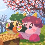  box brown_eyes clouds day eating ehoumaki flower food grass highres horns kirby kirby_(series) makizushi mamemaki miclot oni_horns outdoors pink_flower plum_blossoms setsubun single_horn sparkling_eyes spring_(season) sushi waddle_dee 