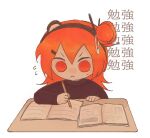  1girl :&lt; a.i._voice adachi_rei black_hairband black_sweater book chibi commentary concentrating desk flipped_hair flying_sweatdrops hair_bun hair_ornament hairband hairclip headlamp holding holding_pencil long_hair long_sleeves no_pupils no_sclera open_book orange_eyes orange_hair pencil radio_antenna simple_background single_side_bun solo studying sweatdrop sweater translation_request turtleneck turtleneck_sweater upper_body utau v-shaped_eyebrows white_background yerga 
