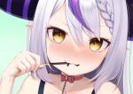  1girl ao_miya blush braid choker food food_in_mouth grey_hair highres holding holding_food holding_pocky hololive horns la+_darknesss looking_at_viewer multicolored_hair pocky pocky_day pocky_in_mouth pointy_ears red_choker ribbon_choker single_braid smile solo streaked_hair violet_eyes virtual_youtuber yellow_eyes 
