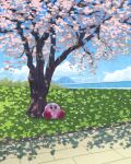  blue_eyes blue_sky blush_stickers bush cherry_blossoms closed_mouth clouds dappled_sunlight day falling_petals highres kirby kirby_(series) miclot mountainous_horizon no_humans outdoors path petals pink_footwear scenery shadow shoes sitting sky sunlight tree 