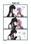  2girls anyacchi black_hair demon_girl demon_horns food food_in_mouth highres hololive hololive_english horns koseki_bijou multiple_girls nerissa_ravencroft pocky pocky_in_mouth size_difference virtual_youtuber white_hair yuri 