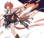  1girl absurdres animal_ears arknights bird_ears bird_tail black_gloves black_jacket black_skirt collared_shirt fiammetta_(arknights) fire gloves gun high-waist_skirt highres holding holding_gun holding_weapon id_card jacket long_sleeves looking_at_viewer open_clothes open_jacket red_eyes redhead shirt shirt_tucked_in short_hair shuimo skirt solo tail weapon white_shirt 