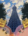  :i bag blue_eyes blush_stickers clouds cloudy_sky evening from_below highres holding holding_bag kirby kirby_(series) kirby_cafe looking_at_viewer miclot no_humans outdoors sky tokyo_skytree tree waddle_dee yellow_eyes 