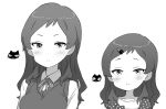  2girls aged_down blush breasts cat_hair_ornament check_commentary commentary_request dot_nose dress dual_persona expressionless greyscale hair_ornament hairclip idolmaster idolmaster_million_live! idolmaster_million_live!_theater_days kitazawa_shiho long_hair looking_at_viewer medium_breasts minazuki_tooru monochrome multiple_girls parted_bangs polka_dot polka_dot_dress shirt smile upper_body vest white_background wing_collar 