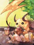  animal_focus bag bush colored_skin cup disposable_cup drinking_straw eating food hanabusaoekaki highres leaf no_humans open_mouth paper_bag pawpads pokemon pokemon_(creature) raichu sandwich sitting solid_circle_eyes solo teeth yellow_skin 