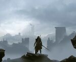  1boy absurdres animal boots building city clouds cloudy_sky dragon from_behind geralt_of_rivia highres holding holding_sword holding_weapon horse kalmahul male_focus outdoors scenery sky solo standing sword the_witcher_(series) weapon 